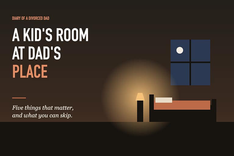 Illustration of a small bedroom at night with a lamp and the title A Kid's Room at Dad's Place