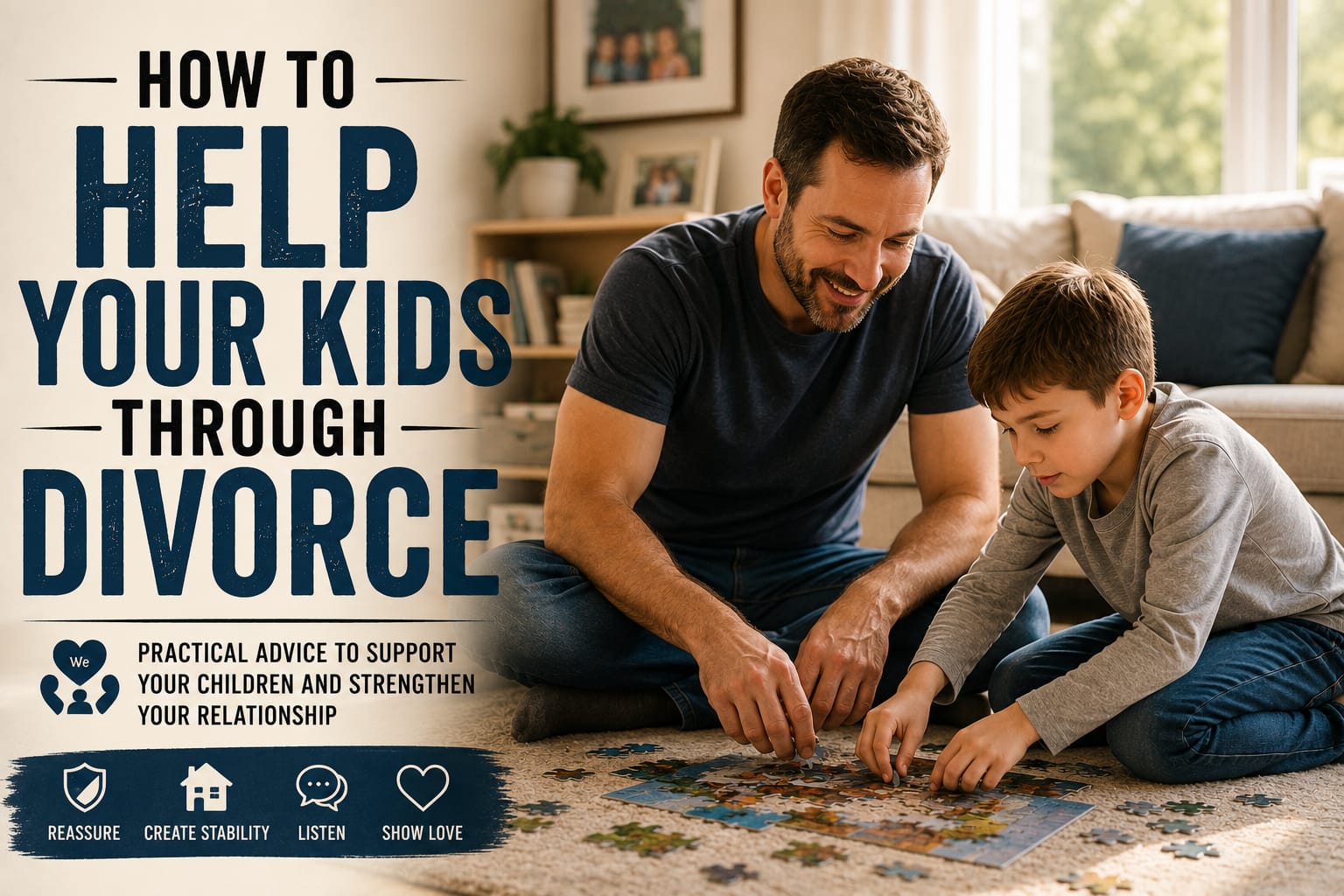 Father helping his young child with a puzzle in a calm, bright living room after divorce