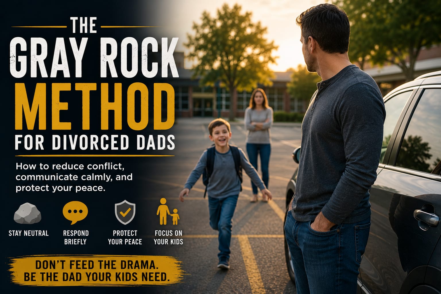 Divorced dad calmly handling a child exchange while reducing conflict with his ex