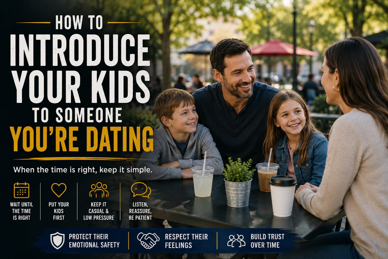 Divorced father casually introducing his children to a woman at an outdoor meeting