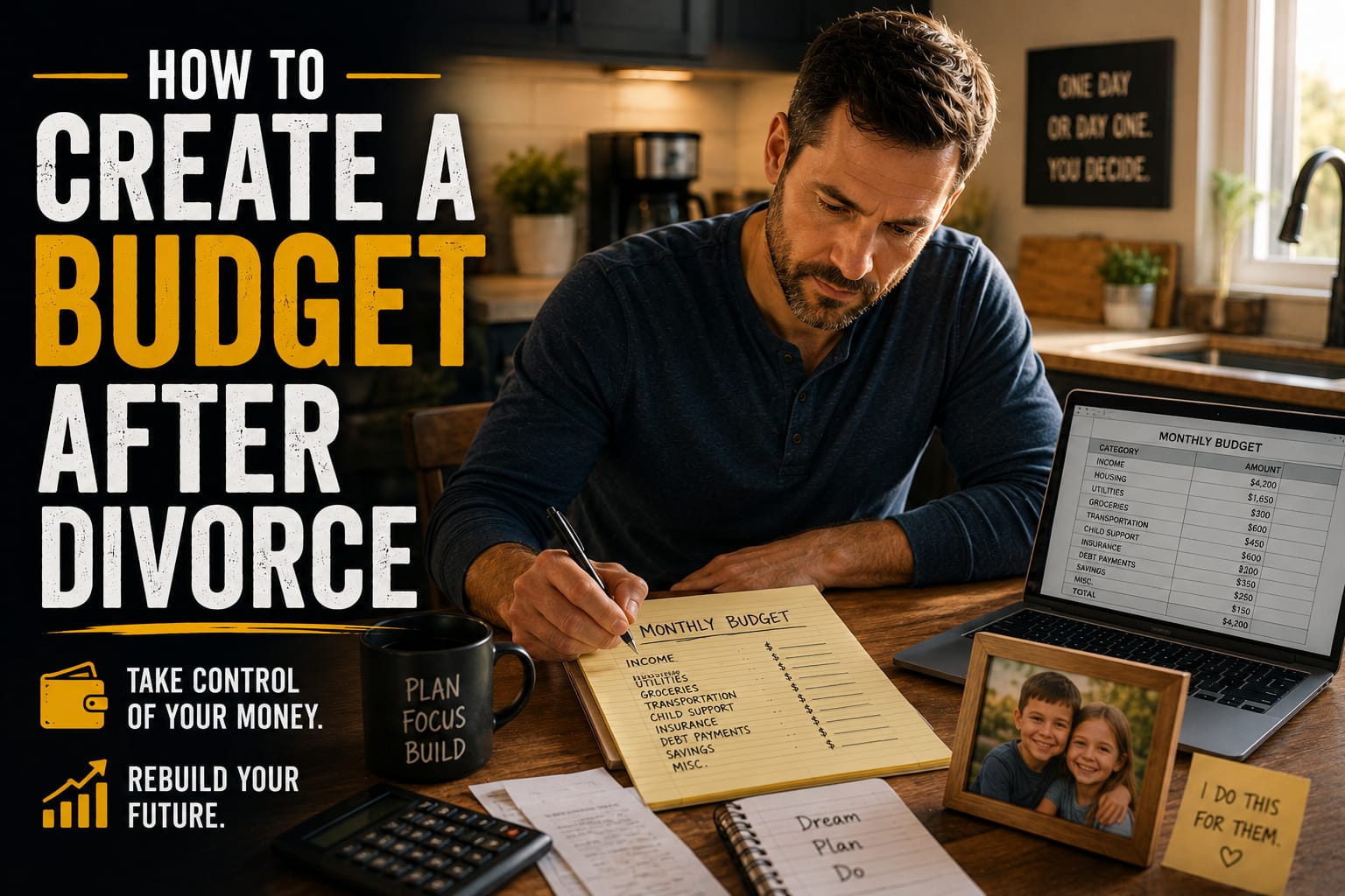Divorced father creating a household budget at his kitchen table with bills and a laptop