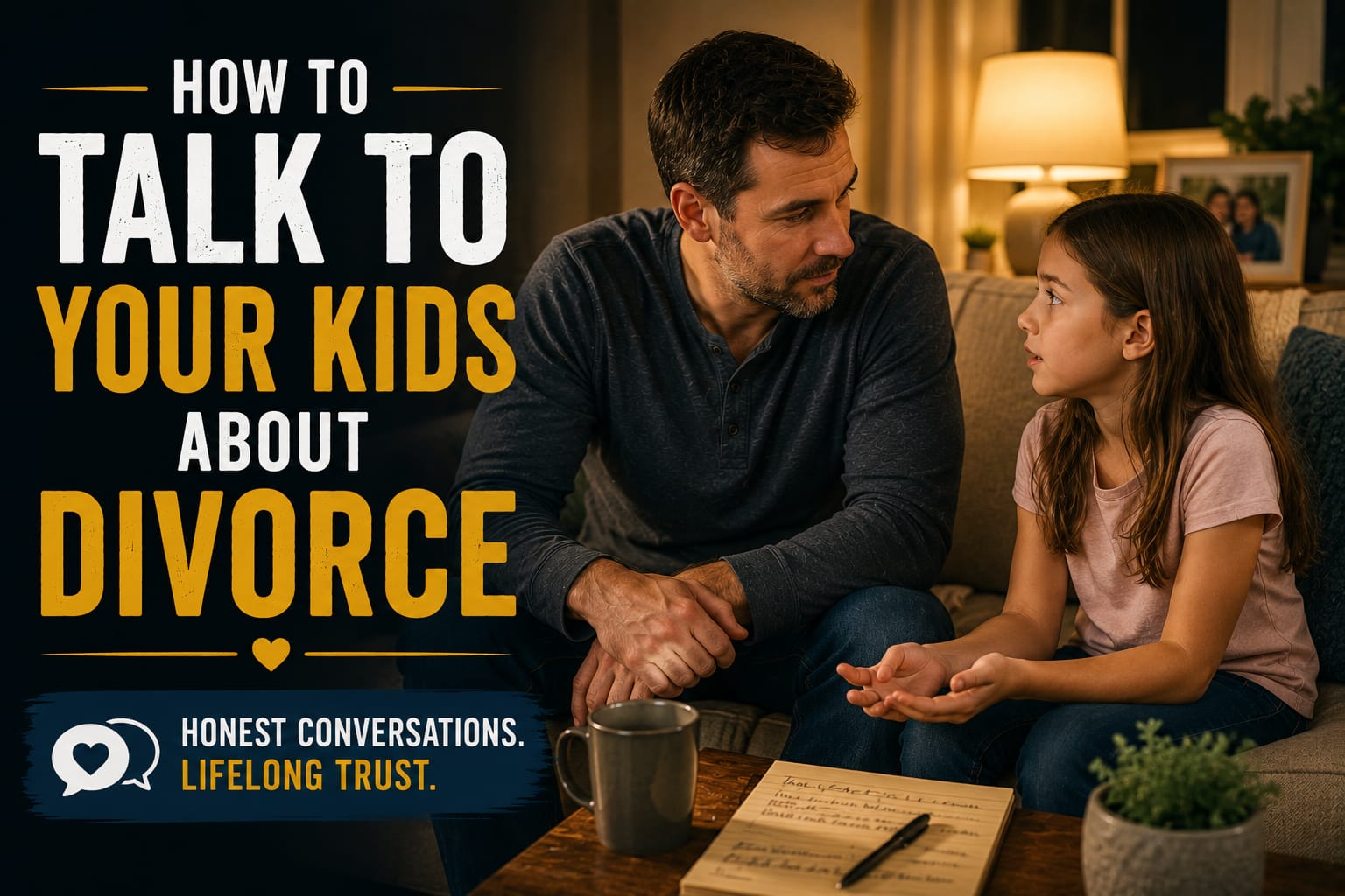 Divorced father listening attentively while talking with his daughter about divorce