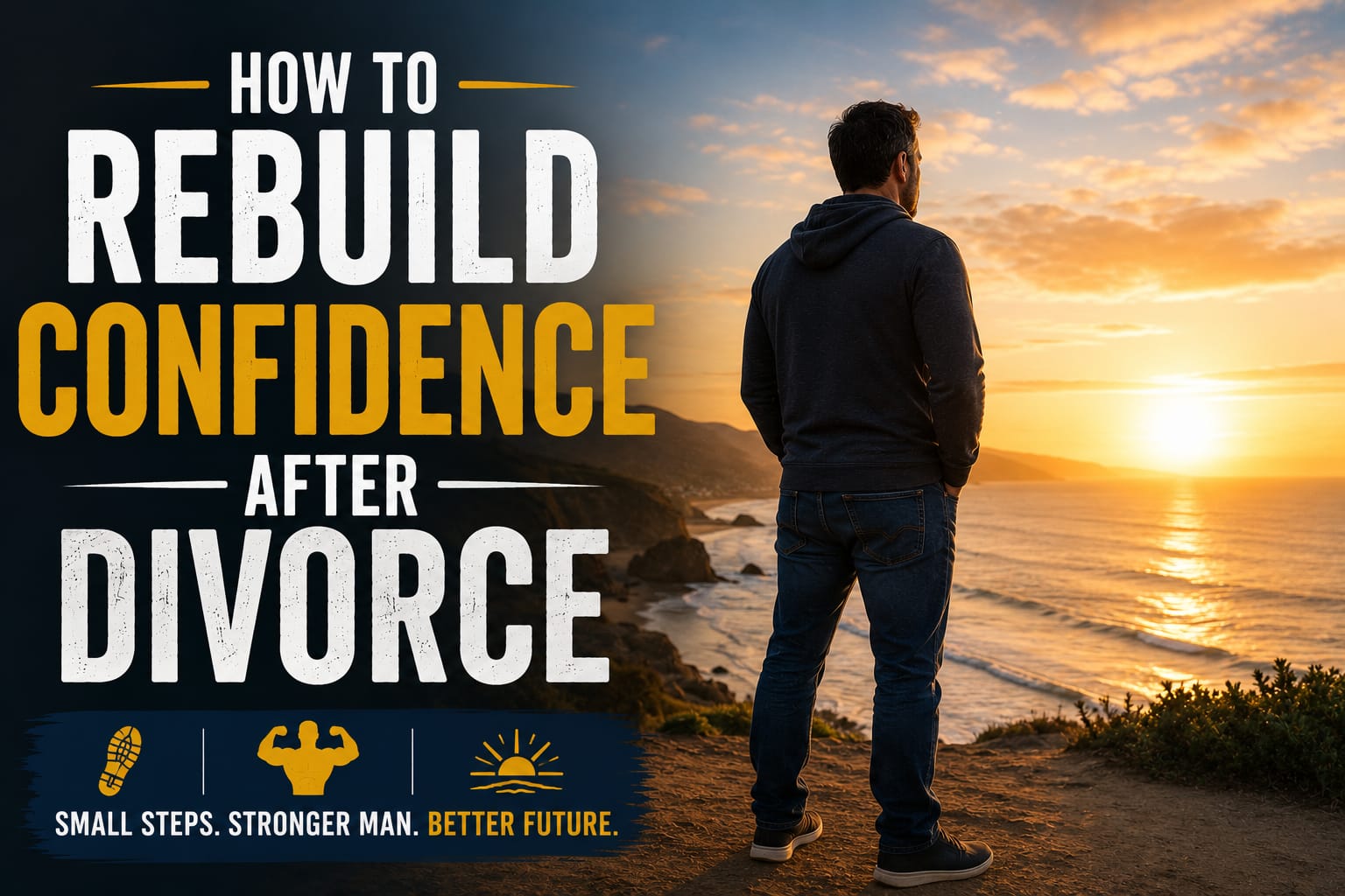 Divorced father standing confidently at sunrise while rebuilding his life after divorce