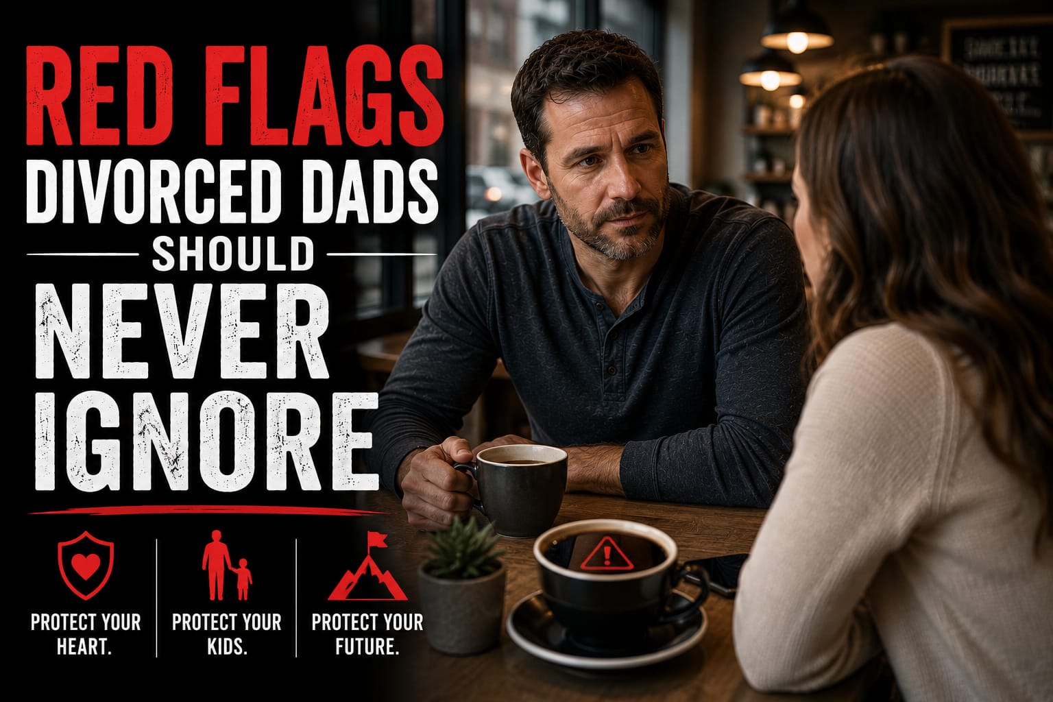 Divorced father thoughtfully noticing dating red flags during a coffee-shop conversation