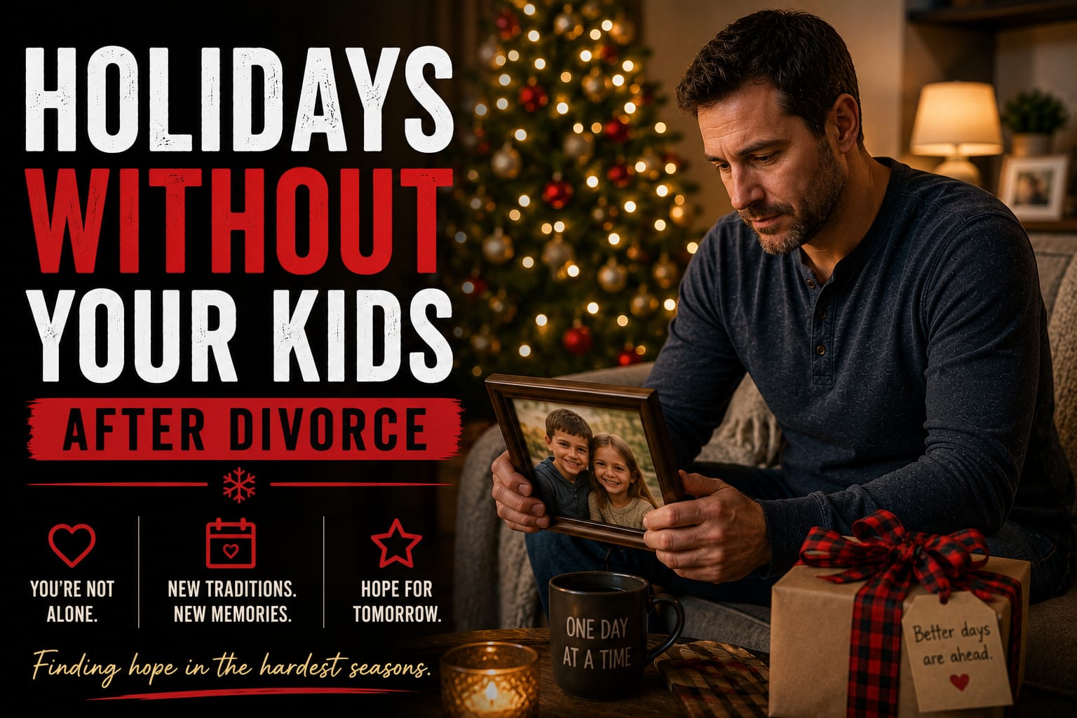 Divorced father beside a Christmas tree looking at a framed photo of his children