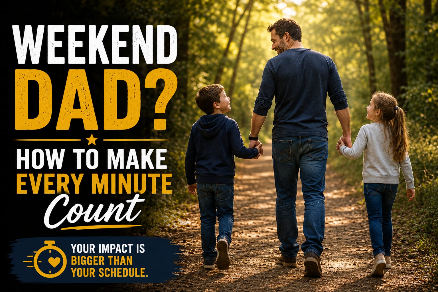Weekend dad walking hand in hand with his two children on a wooded trail