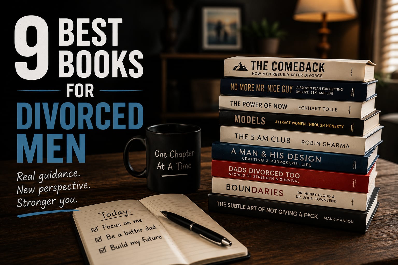 9 best books for divorced men, a stack of recovery books
