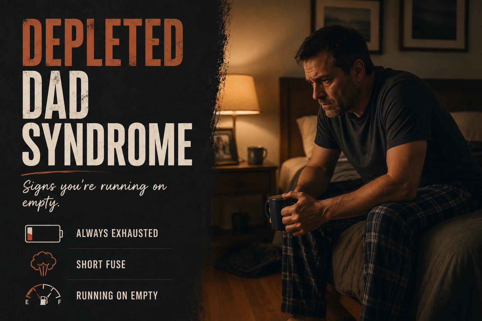Depleted dad syndrome: an exhausted father sitting on the edge of his bed at night holding a coffee mug, with signs listed as always exhausted, short fuse and running on empty.