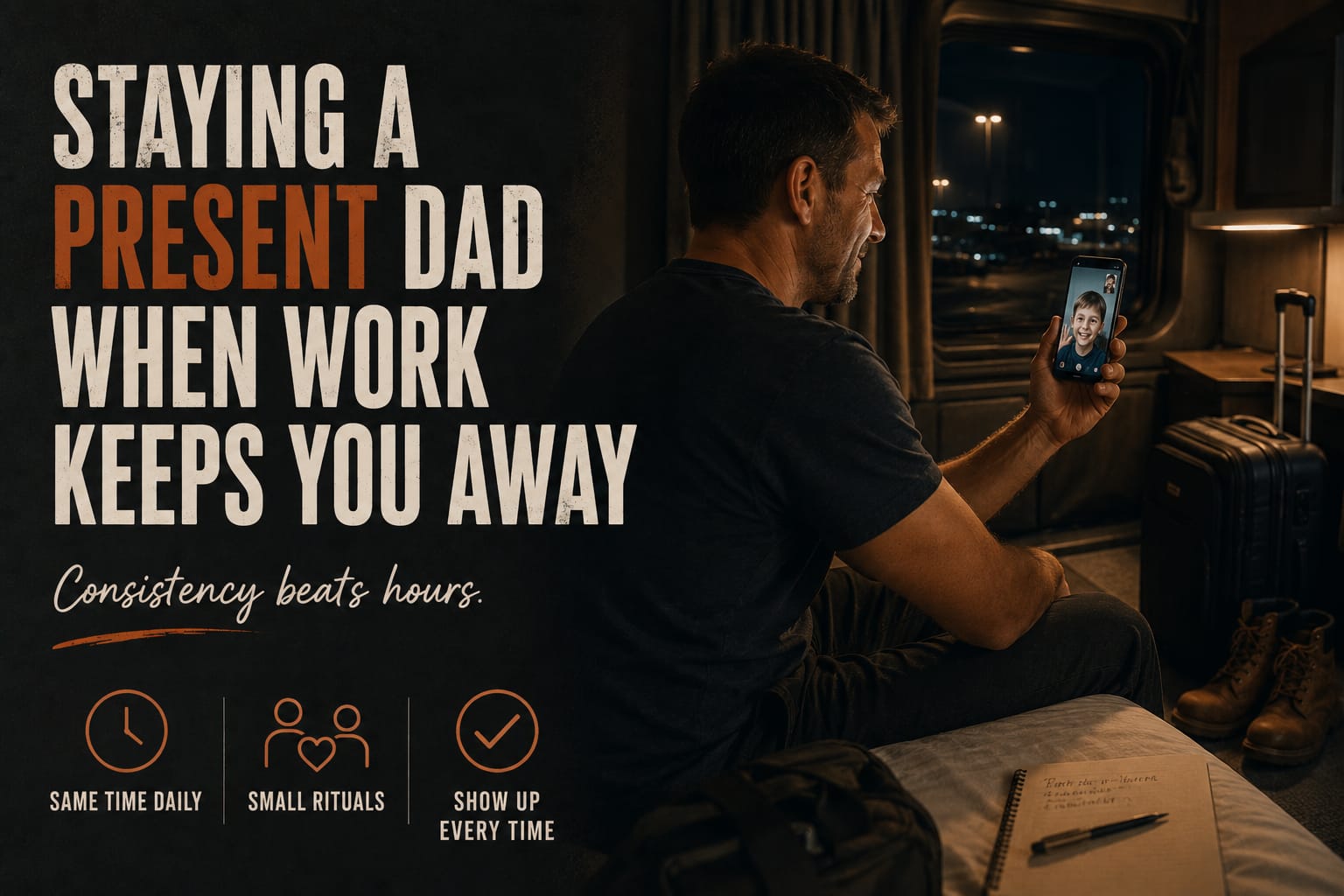 Staying a present dad when work keeps you away: a father on a video call with his son from a truck cab at night, with a suitcase and work boots nearby.