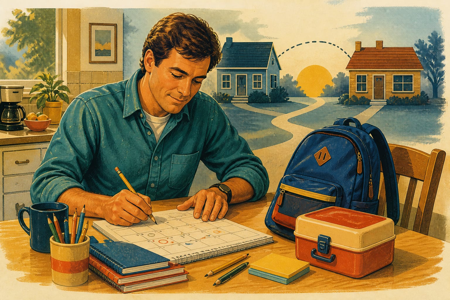1980s-style illustration of a divorced dad organizing a school calendar beside a backpack, with two homes in the background.