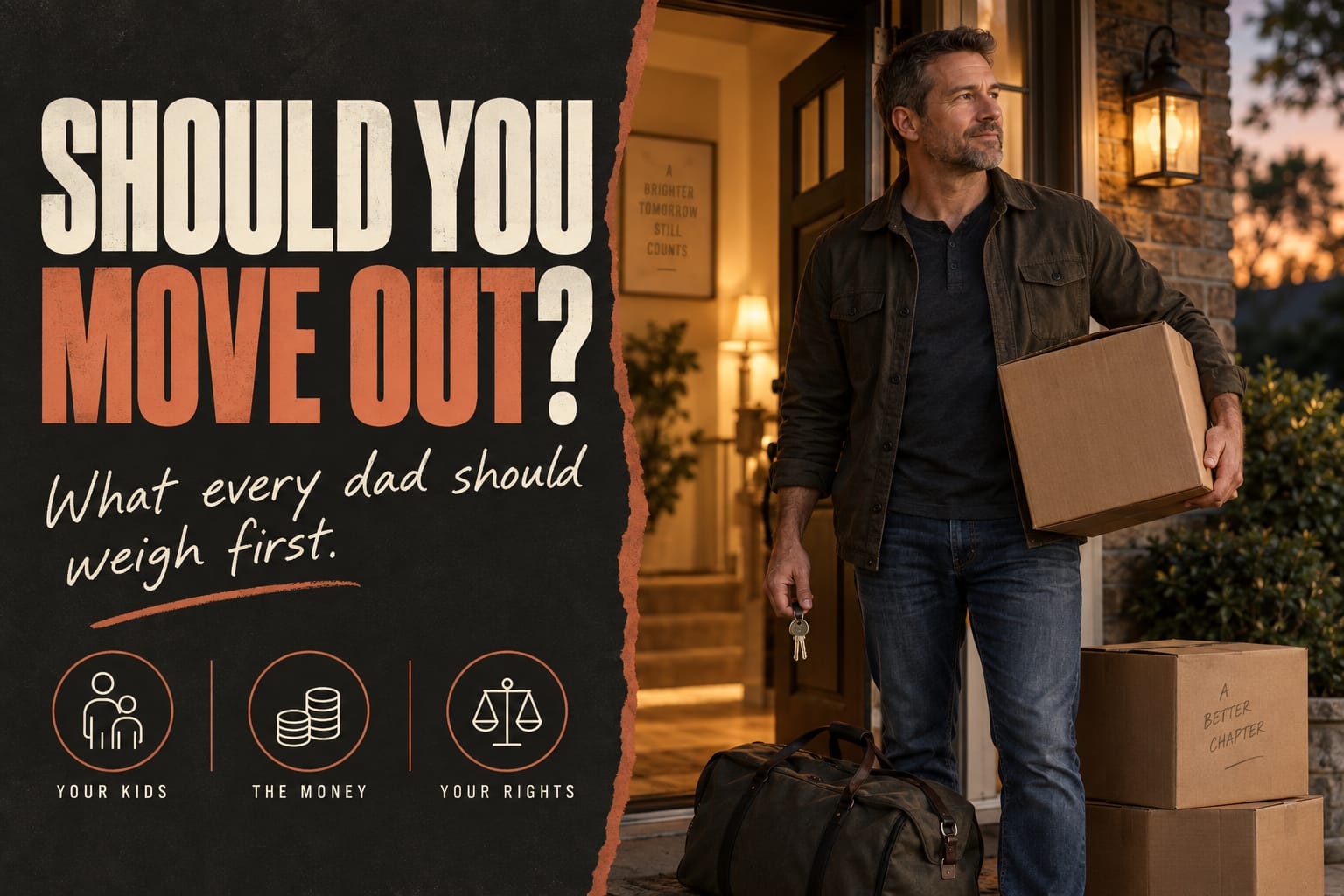 Should you move out during a divorce: a father standing in the doorway at dusk holding a moving box and his keys, with icons for your kids, the money and your rights.