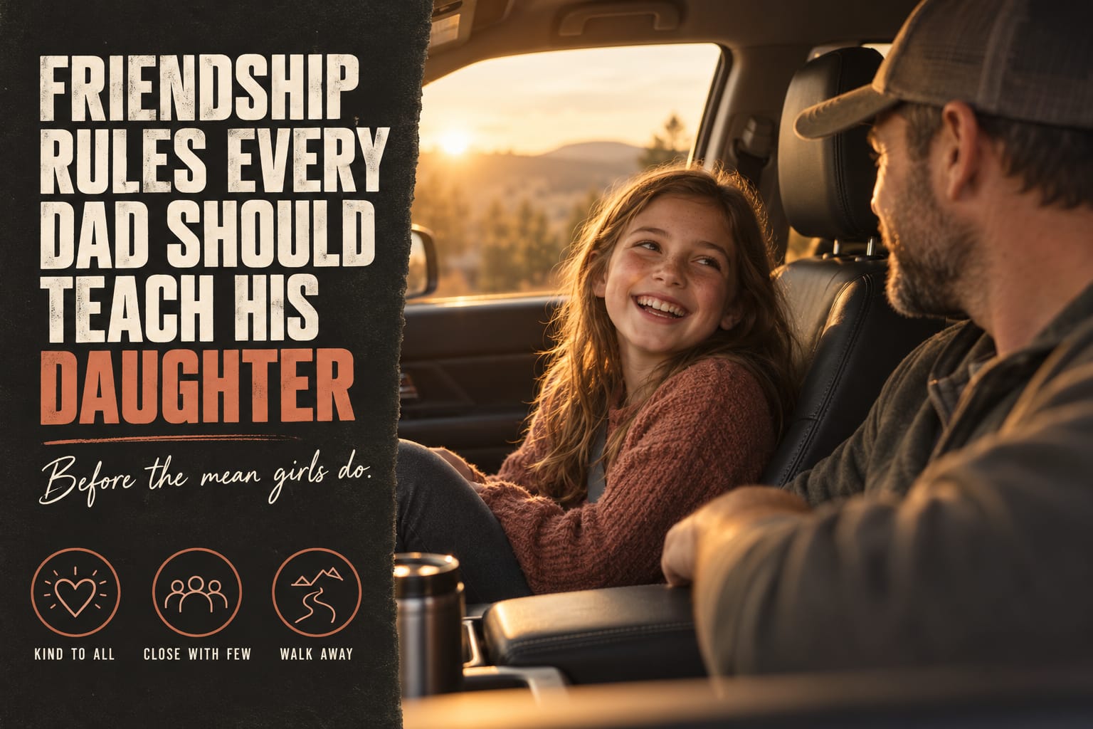 Friendship rules every dad should teach his daughter: a father and his laughing daughter talking in the front seat of a car at golden hour, with icons for kind to all, close with few and walk away.