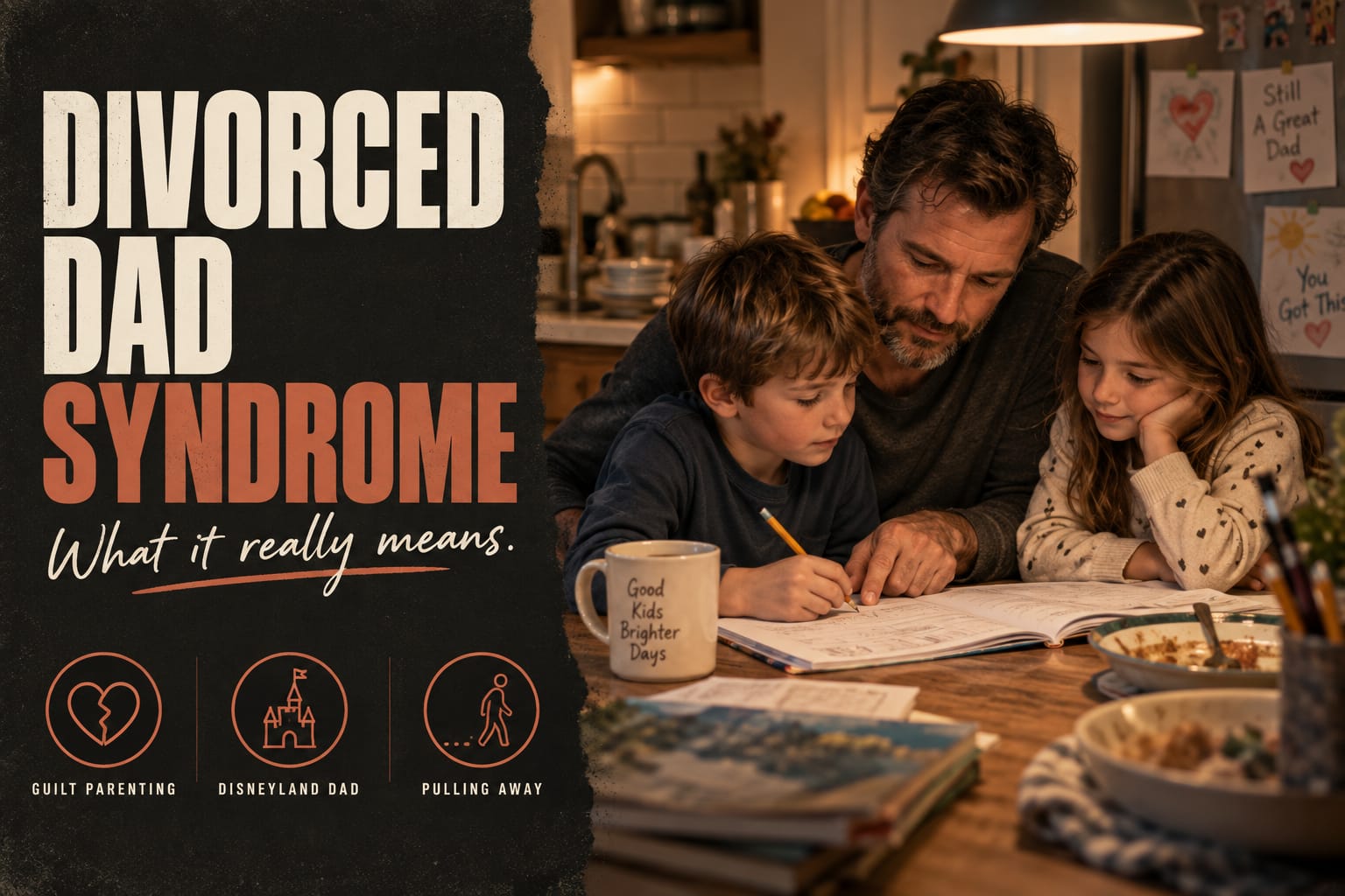 Divorced dad syndrome: what it really means. A father helping his son and daughter with homework at the kitchen table, with icons for guilt parenting, Disneyland dad and pulling away.