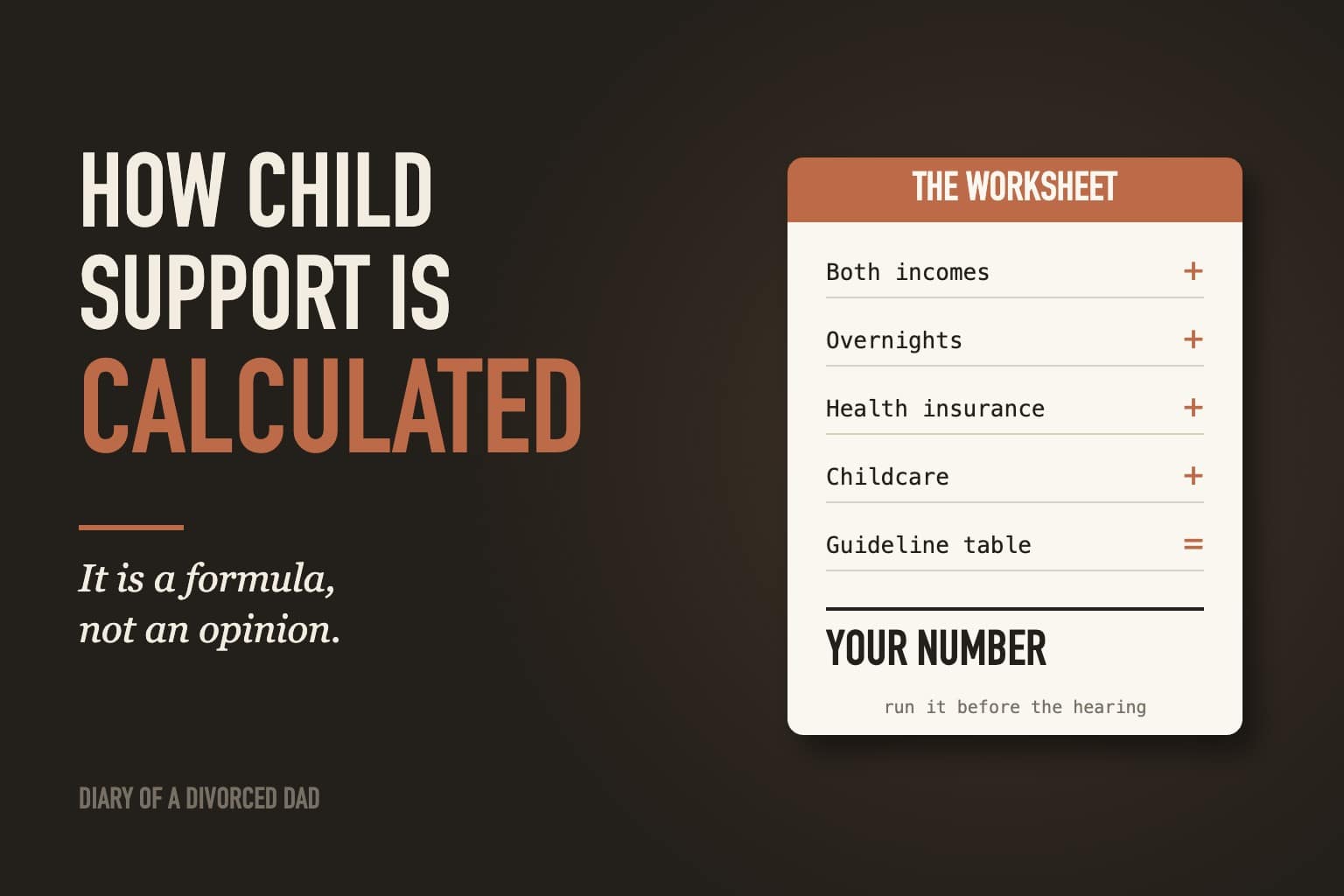 A child support worksheet listing both incomes, overnights, health insurance and childcare adding up to your number