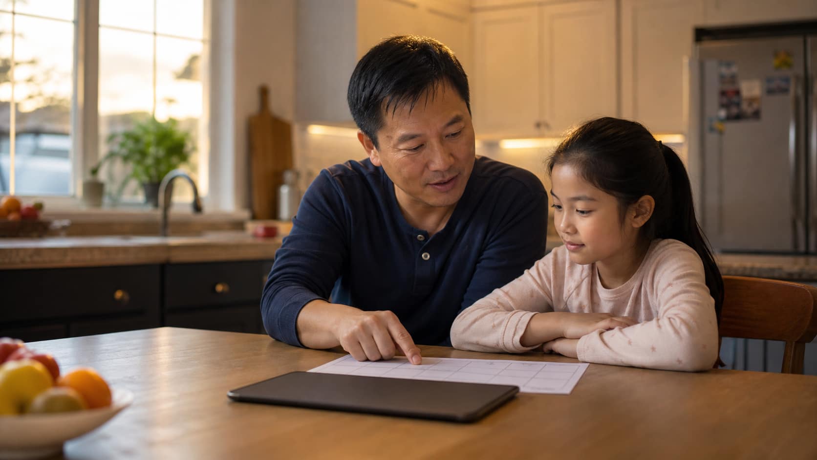 Divorced father setting screen time rules with his daughter at home