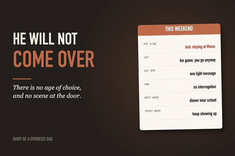 A weekend card showing a teenager cancelling and a father still turning up, beside the words he will not come over